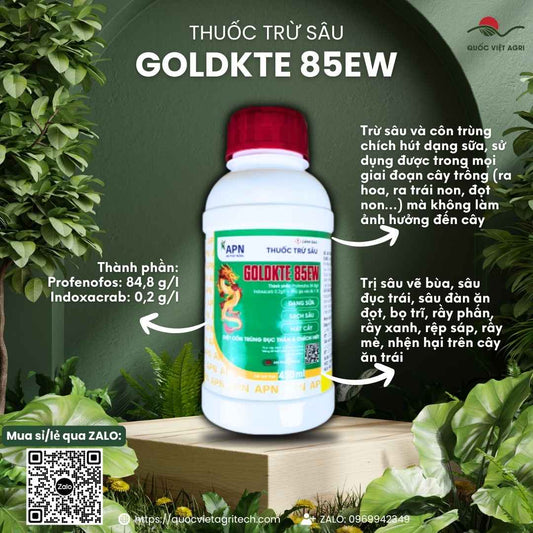 Mặt trước chai thuốc trừ sâu Goldkte 85EW Rồng Lửa 450ml, chuyên dùng diệt rệp sáp, dạng sữa mát cây, chính hãng An Phát Nông.

