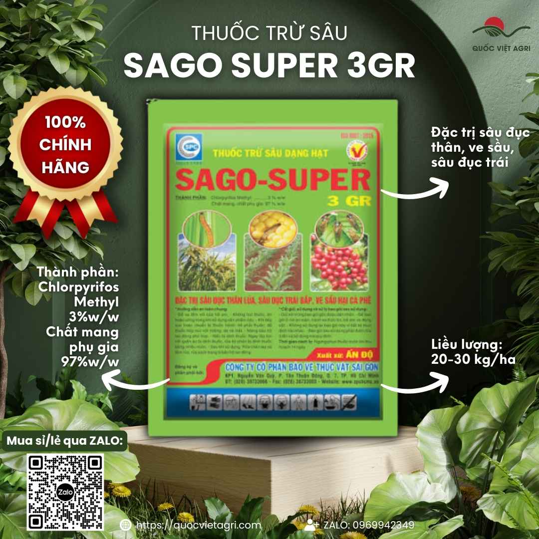 Thuốc trừ sâu dạng hạt SAGO SUPER 3GR gói 1kg – trị sâu đục thân, ve sầu (Chlorpyrifos Methyl) – Quốc Việt Agri