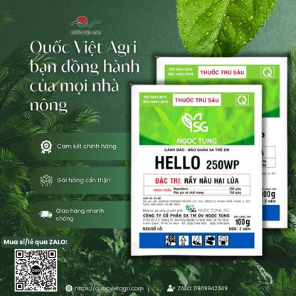 Tổng quan gói Hello 250WP hiển thị hoạt chất Buprofezin 250g/kg và xuất xứ Ấn Độ.