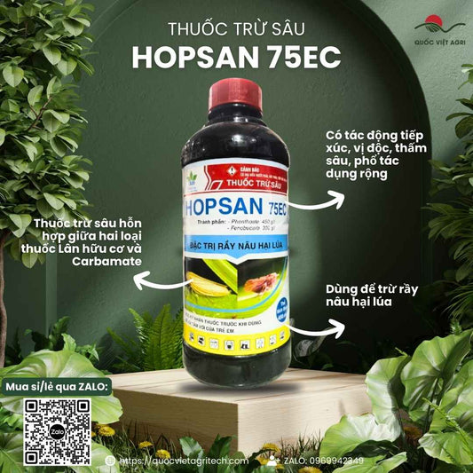 Mặt trước chai thuốc trừ sâu Hopsan 75EC 450ml, chuyên dùng để đặc trị rầy nâu hại lúa