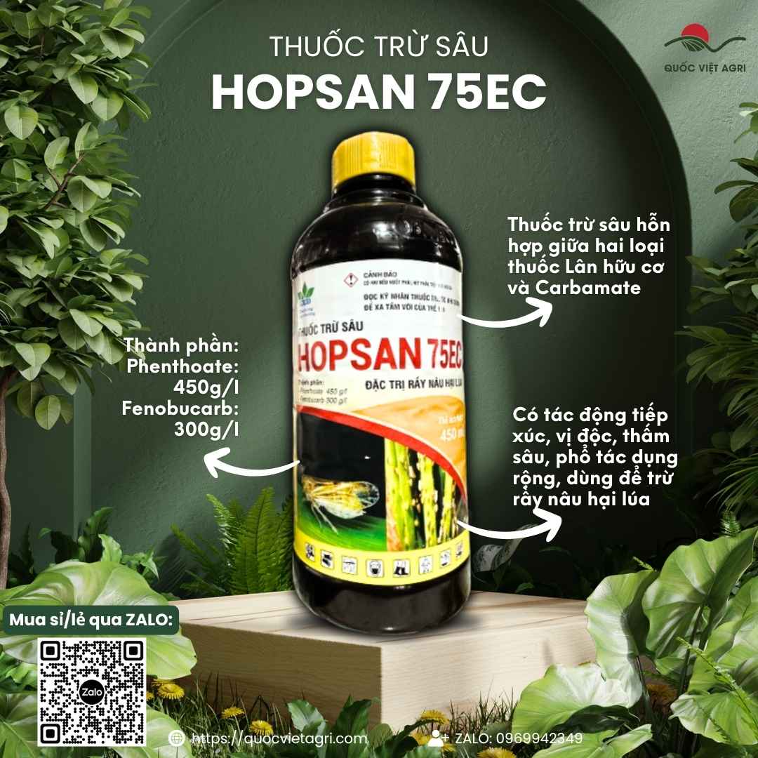 Mặt trước chai thuốc trừ sâu Hopsan 75EC 450ml, chuyên dùng để đặc trị rầy nâu hại lúa, sản phẩm chính hãng VITHACO.

