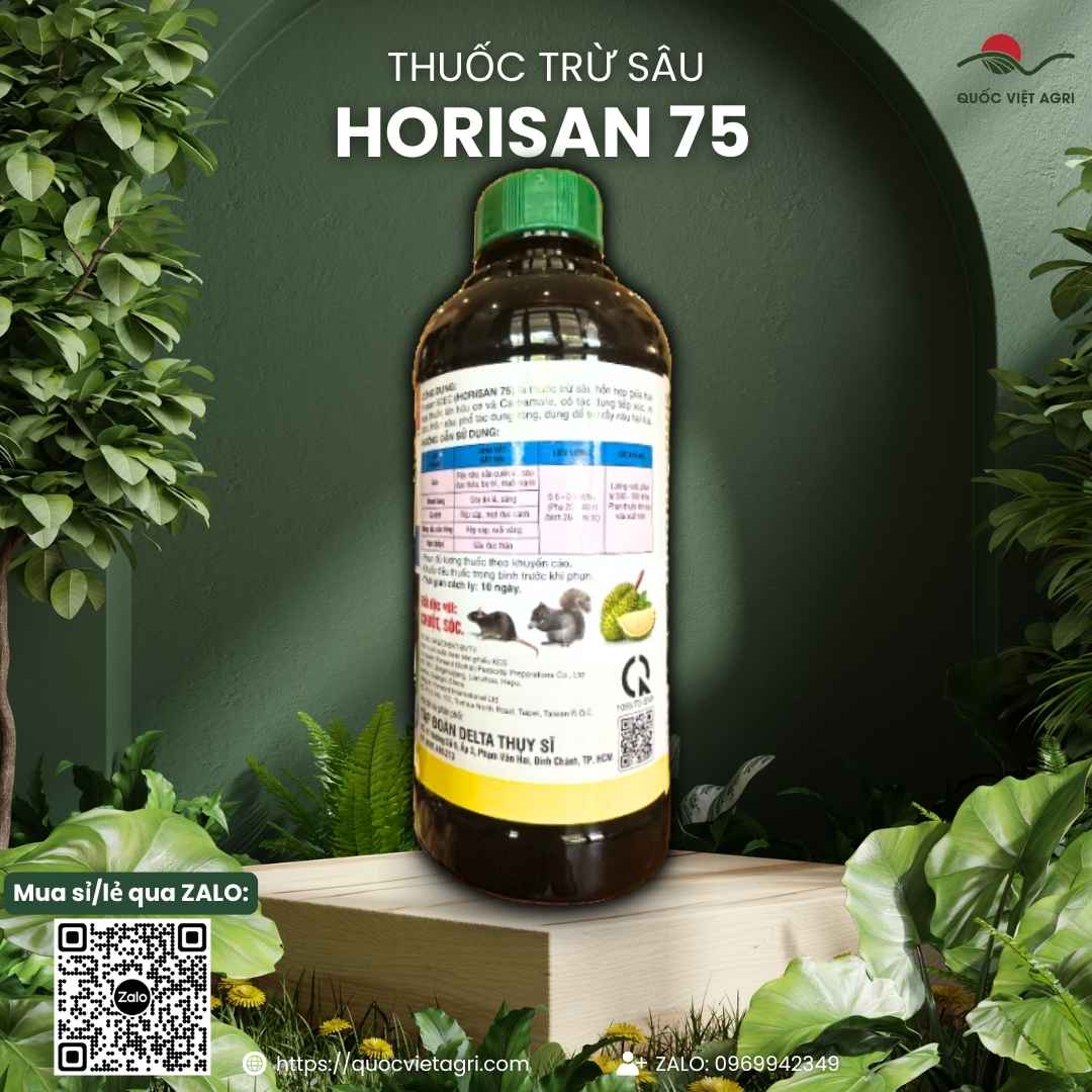 Mặt sau chai thuốc trừ sâu HORISAN 75 60EC 450ml, chứa Phenthoate 600g/l, đặc trị rầy nâu hại lúa.
