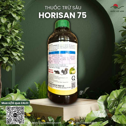 Mặt sau chai thuốc trừ sâu HORISAN 75 60EC 450ml, chứa Phenthoate 600g/l, đặc trị rầy nâu hại lúa.
