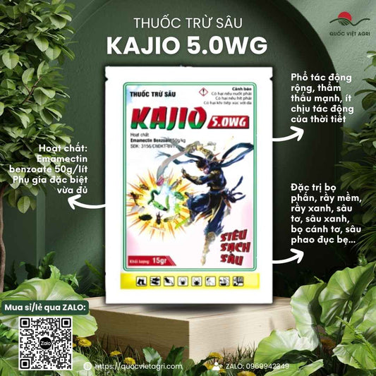 Mặt trước gói thuốc trừ sâu sinh học Kajio 5WG 15g, chuyên dùng để đặc trị sâu tơ, sâu xanh, sản phẩm chính hãng Singapore.

