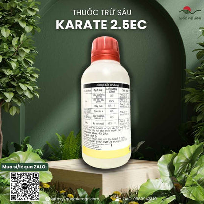 Hoạt chất Lambda-cyhalothrin 25g/L mặt sau chai Karate đặc trị sâu cuốn lá.