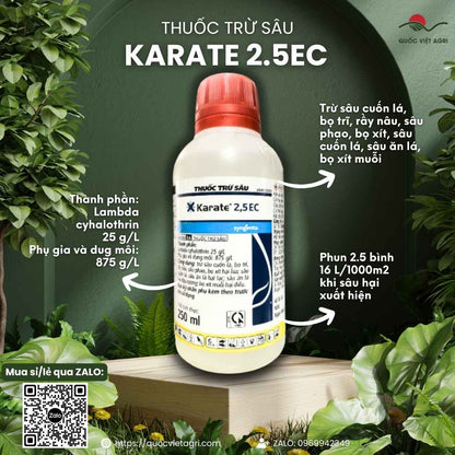 Mặt trước chai thuốc trừ sâu KARATE 2.5EC 250ml, chứa Lambda-cyhalothrin 25g/l, đặc trị sâu cuốn lá, bọ trĩ, bọ xít muỗi.

