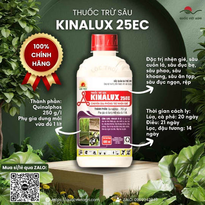 Mặt trước chai Thuốc trừ sâu KINALUX 25EC 480ml đặc trị nhện gié lúa.