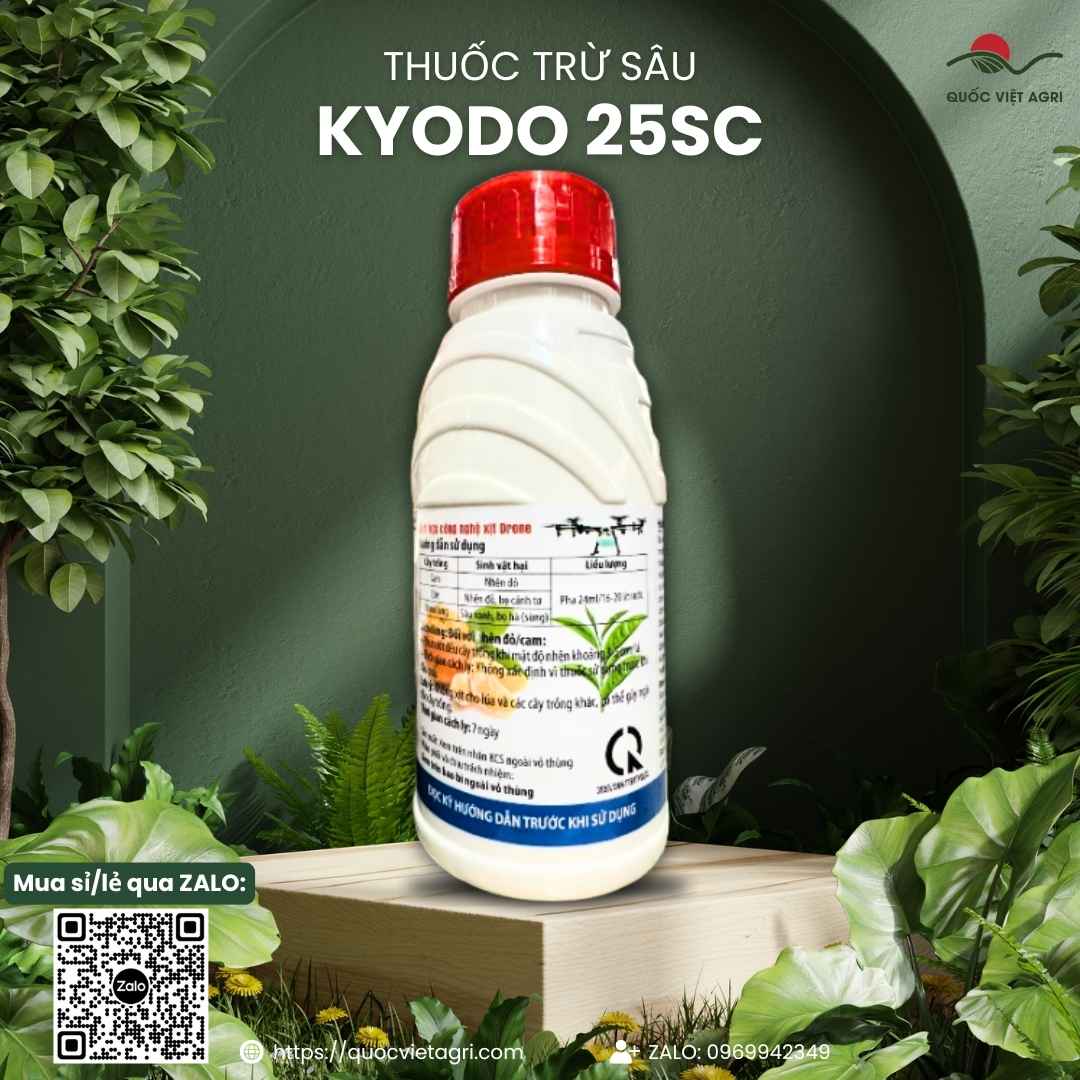 Mặt sau chai Kyodo 25SC với hướng dẫn sử dụng trị nhện đỏ, bọ trĩ trên cam, chè và cơ chế tác động đa điểm.