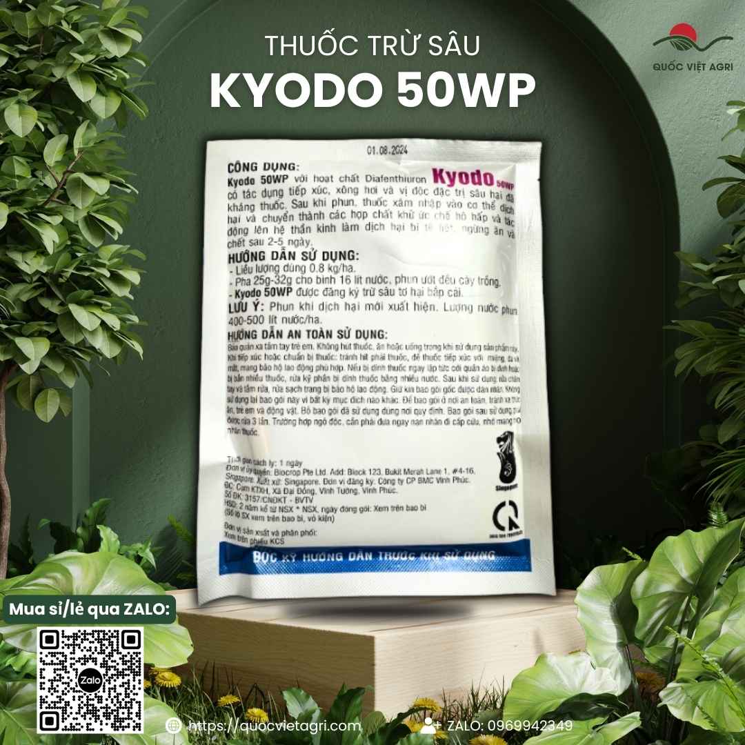 Thành phần Diafenthiuron 500g/kg mặt sau gói Kyodo phá vỡ tính kháng.