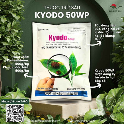 Mặt trước gói Thuốc trừ sâu nhện KYODO 50WP 100g hàng Singapore.