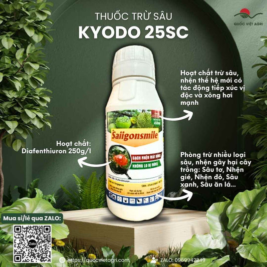 Mặt trước chai Thuốc Trừ Sâu KYODO 25SC 450ml, hoạt chất Diafenthiuron Singapore, trị nhện đỏ, mát bông.