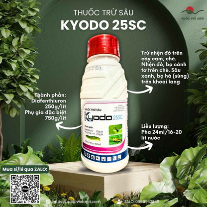 Mặt trước chai thuốc trừ sâu nhện KYODO 25SC 450ml, chứa hoạt chất Diafenthiuron 250g/l, đặc trị nhện đỏ kháng thuốc.


