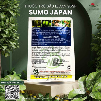 Mặt trước gói thuốc trừ sâu Ledan 95SP Sumo Japan 100g, chuyên dùng để đặc trị sâu đục thân lúa, sản phẩm chính hãng.

