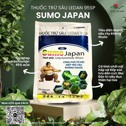Mặt trước gói thuốc trừ sâu Ledan 95SP Sumo Japan 100g, chuyên dùng để đặc trị sâu đục thân lúa, sản phẩm chính hãng.

