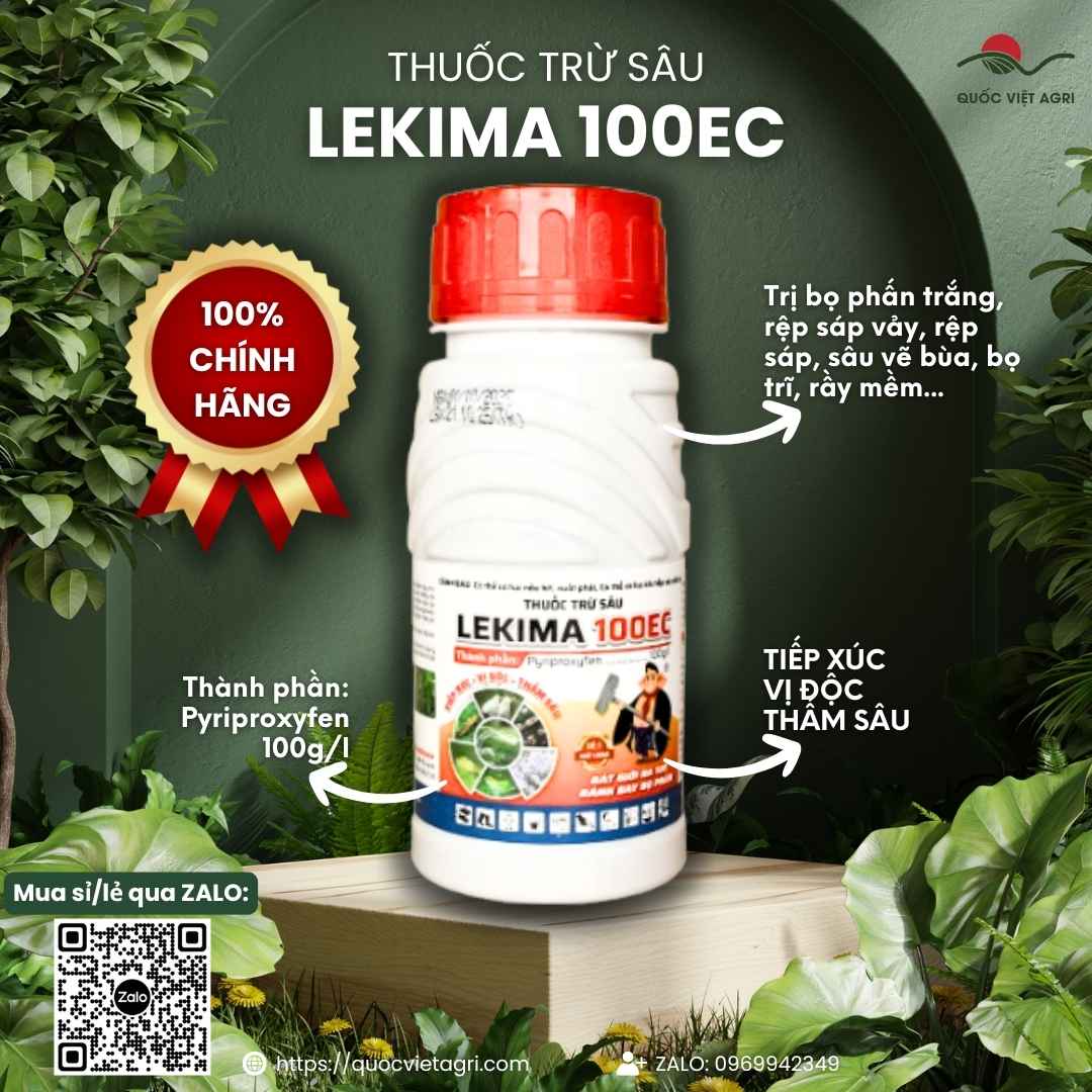 Mặt trước chai thuốc trừ sâu Lekima 100EC 240ml, chuyên dùng để trị bọ phấn trắng, rệp sáp, hoạt chất Pyriproxyfen.