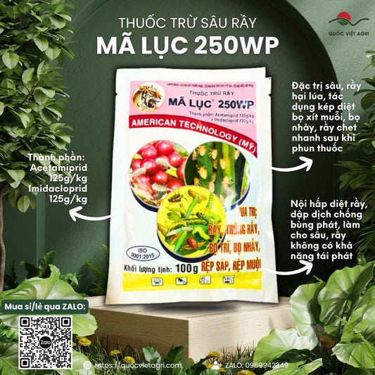 Mặt trước gói thuốc trừ sâu Mã Lục 250WP Đỏ 100g, chuyên dùng để đặc trị rầy nâu, rệp sáp, sản phẩm chính hãng của VITHACO.

