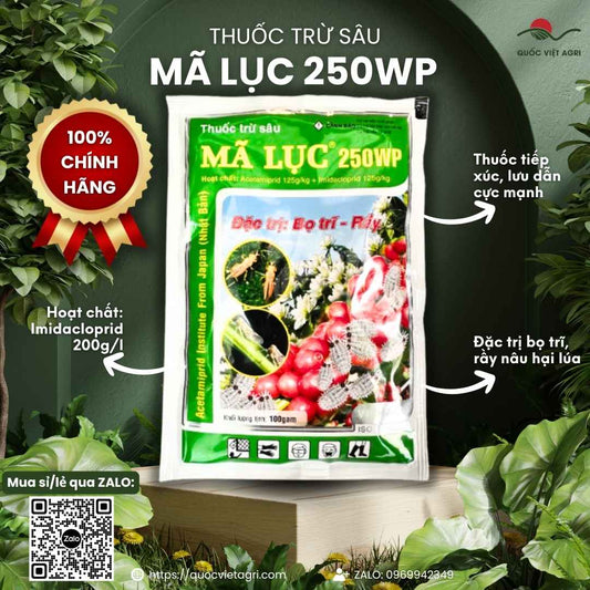 Mặt trước gói thuốc trừ sâu MÃ LỤC 250WP Xanh 100g, chứa Acetamiprid và Imidacloprid, đặc trị rầy rệp, bọ trĩ.

