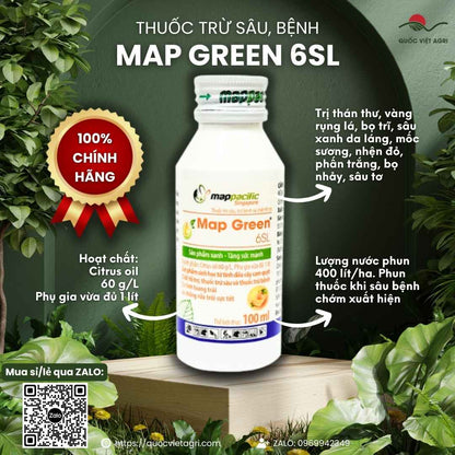Mặt trước chai Map Green 6SL 100ml, tinh dầu cam sinh học trị nhện đỏ, bọ trĩ, thán thư.