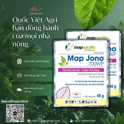 Gói thuốc trừ sâu Map Jono 700WP 40g, với thiết kế bao bì chuyên nghiệp của Map Pacific.