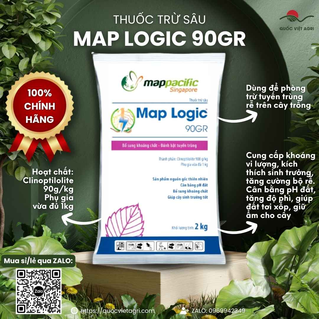 Mặt trước gói thuốc trừ tuyến trùng Map Logic 90GR 2kg, chuyên dùng để cải tạo đất, tăng rễ, sản phẩm chính hãng MAP.

