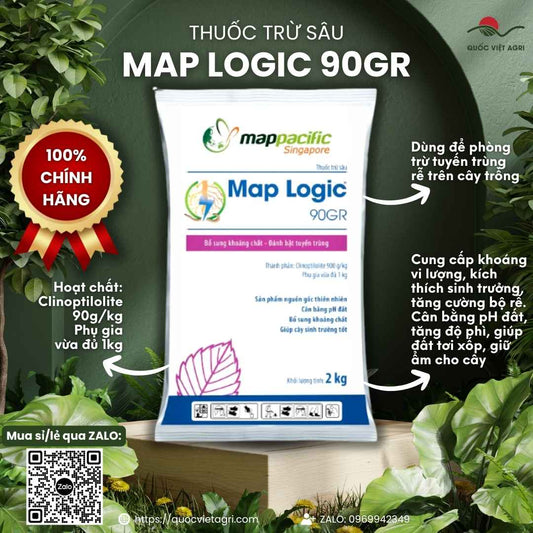 Mặt trước gói thuốc trừ tuyến trùng Map Logic 90GR 2kg, chuyên dùng để cải tạo đất, tăng rễ, sản phẩm chính hãng MAP.

