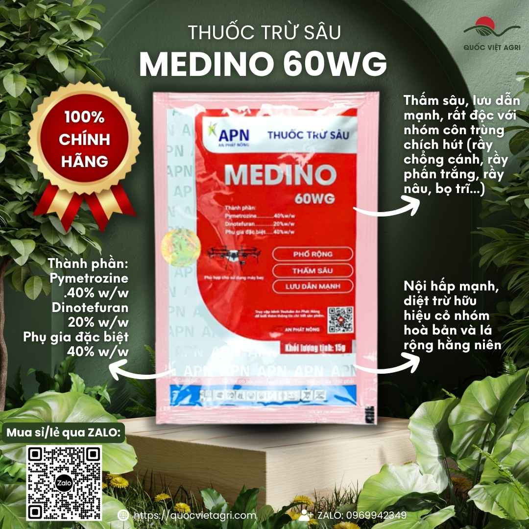 Mặt trước gói thuốc trừ sâu Medino 60WG 15g, chuyên dùng để đặc trị rầy chổng cánh, rầy nâu kháng thuốc, sản phẩm chính hãng An Phát Nông.

