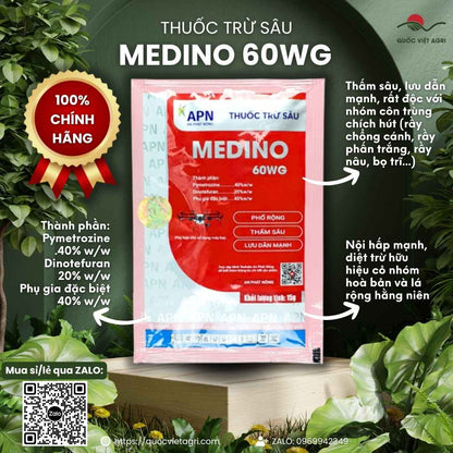 Mặt trước gói thuốc trừ sâu Medino 60WG 15g, chuyên dùng để đặc trị rầy chổng cánh, rầy nâu kháng thuốc, sản phẩm chính hãng An Phát Nông.

