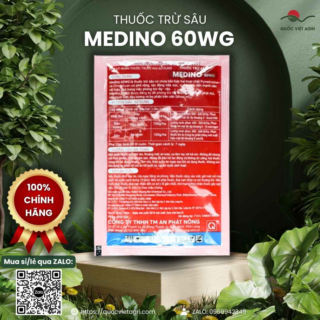 Mặt sau gói thuốc trừ sâu Medino 60WG 15g với thông tin 2 thành phần hoạt chất Pymetrozine, Dinotefuran và hướng dẫn sử dụng.

