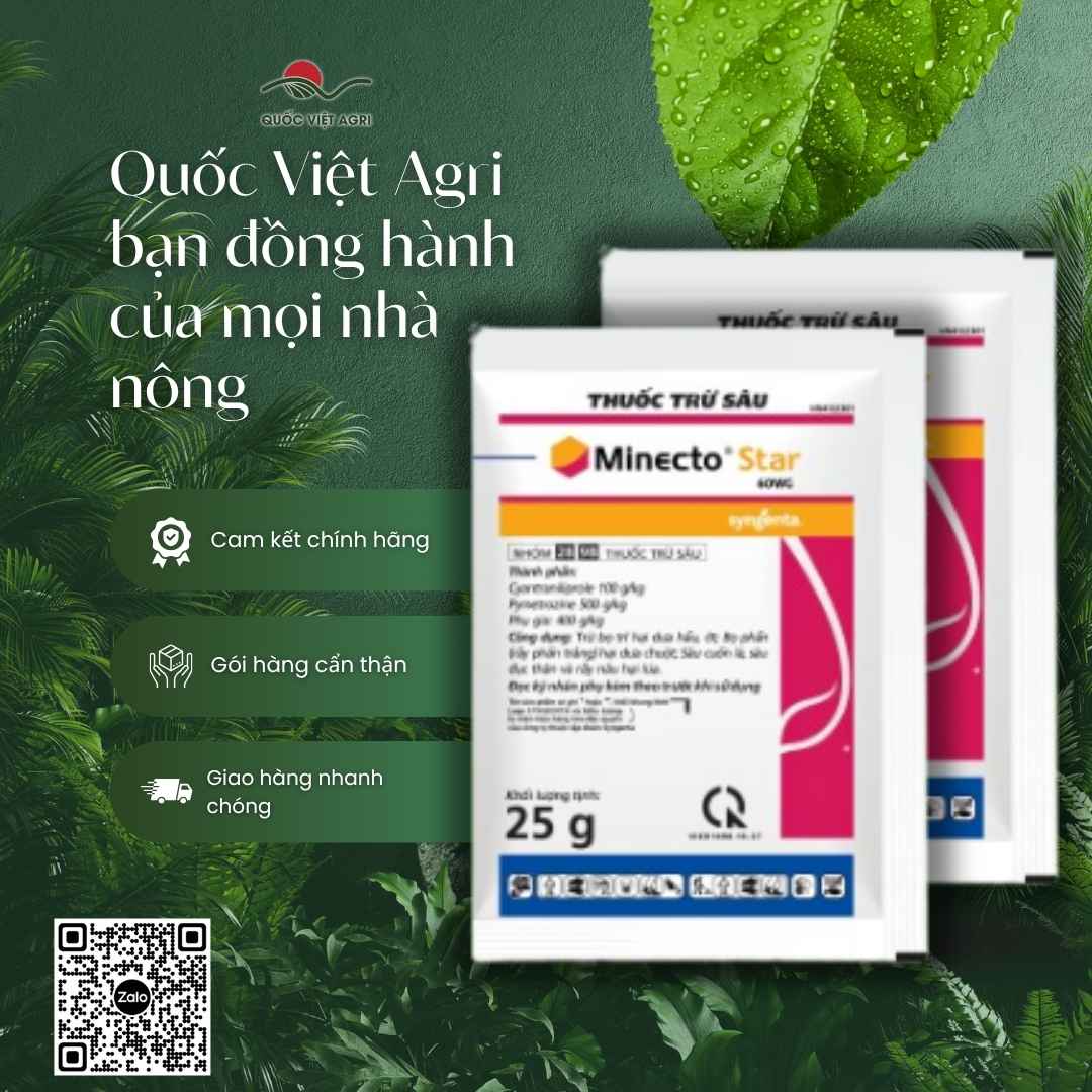 Thành phần Cyantraniliprole và Pymetrozine mặt sau gói Minecto Star 25g.
