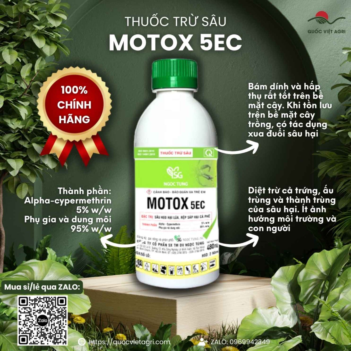 Mặt trước chai Thuốc Trừ Sâu Motox 5EC 480ml, hoạt chất Alpha-cypermethrin, hạ gục nhanh sâu keo, bọ trĩ, bọ xít muỗi.