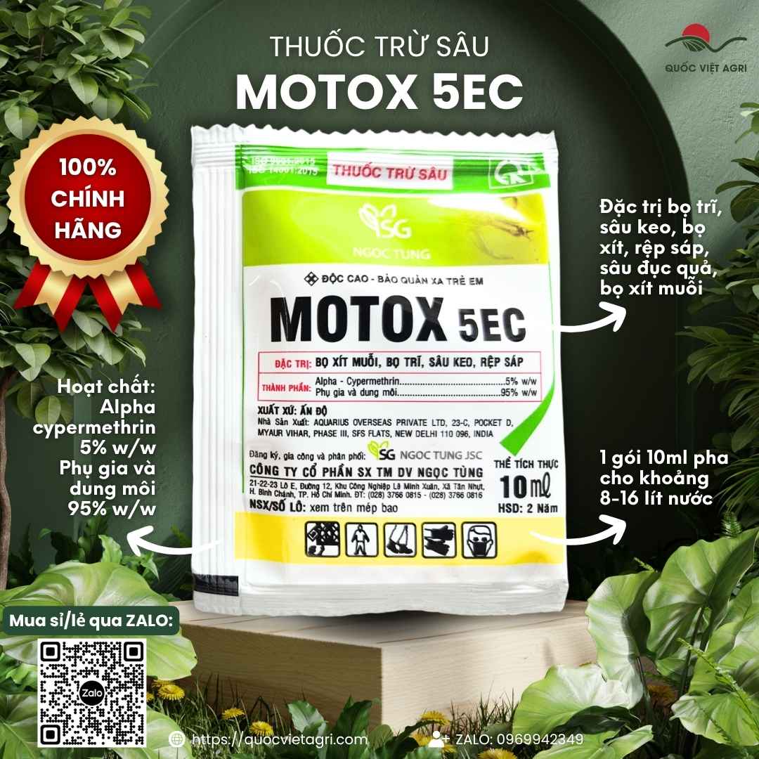 Mặt trước gói thuốc trừ sâu Motox 5EC 10ml trị rệp sáp bọ trĩ.