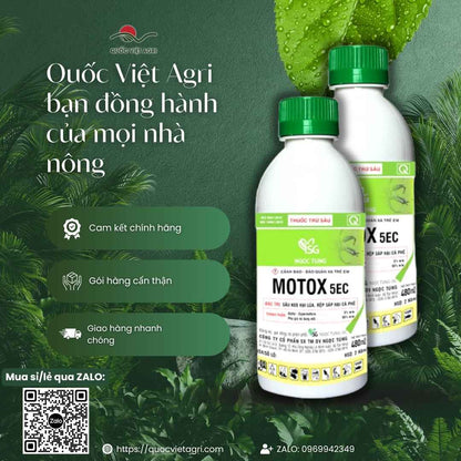Mặt sau chai Motox 5EC với thông tin thành phần Cúc tổng hợp và hướng dẫn sử dụng cho lúa, điều, cà phê.