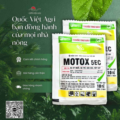 Bảng thành phần Alpha-cypermethrin 5% mặt sau bao bì Motox.