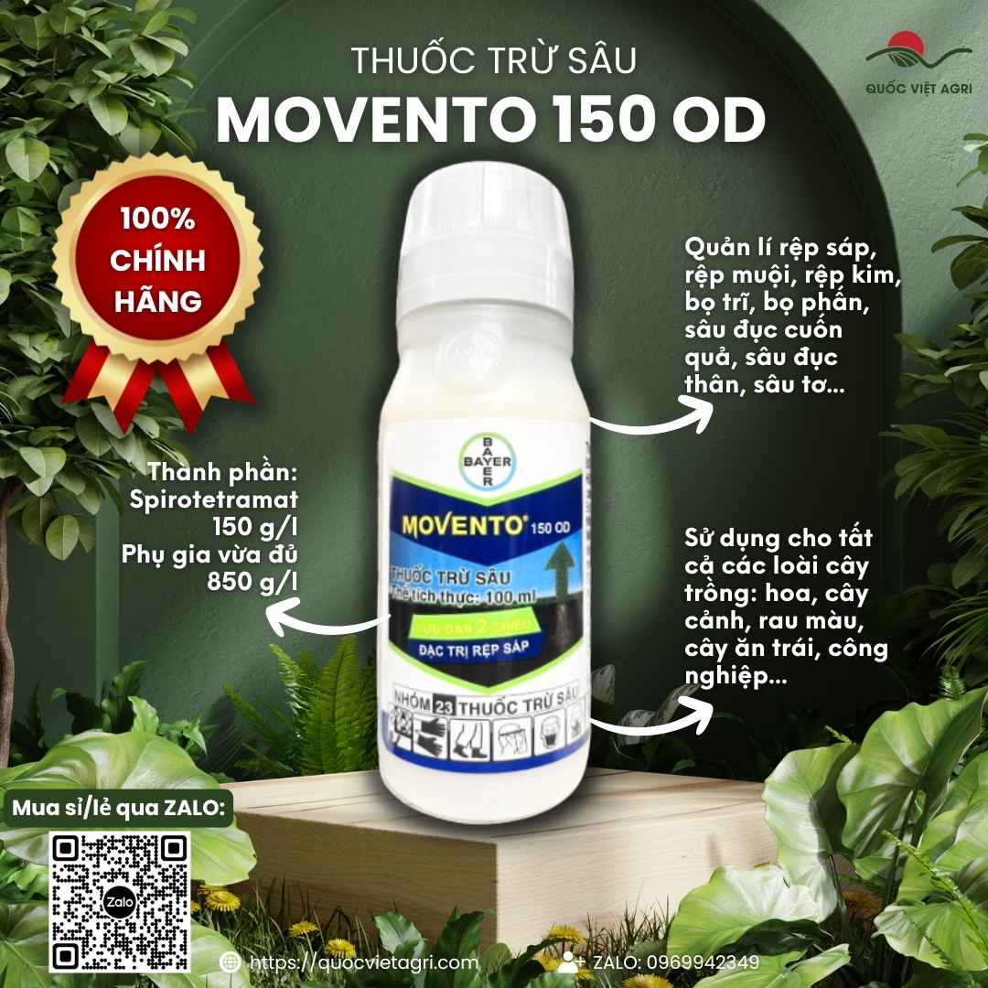 Mặt trước chai thuốc trừ sâu Movento 150 OD 100ml, chuyên dùng để đặc trị rệp sáp, lưu dẫn 2 chiều, sản phẩm chính hãng của Bayer.

