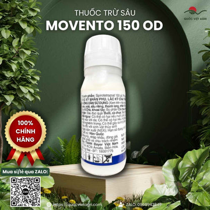 Mặt sau chai thuốc trừ sâu Movento 150 OD 100ml với thông tin thành phần Spirotetramat 150g/l và hướng dẫn sử dụng chi tiết.