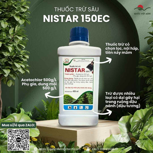 Mặt trước chai thuốc trừ cỏ mầm Nistar 500EC 450ml, chuyên dùng để diệt cỏ cho đậu nành, sản phẩm chính hãng của Quốc Việt Agri.

