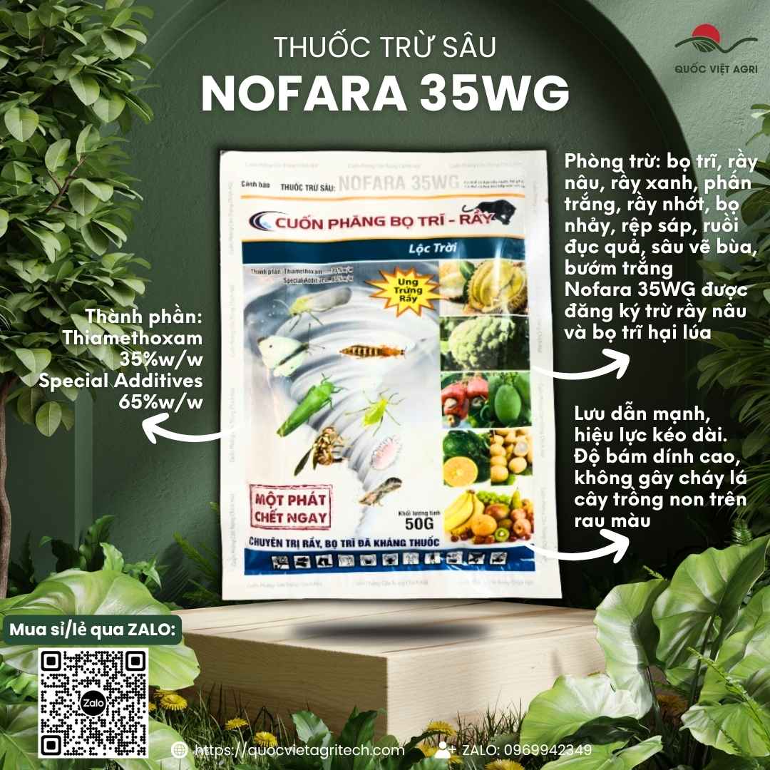 Mặt trước gói thuốc trừ sâu Nofara 35WG 50g, chuyên dùng để đặc trị bọ trĩ, rầy kháng thuốc, sản phẩm chính hãng Lộc Trời.

