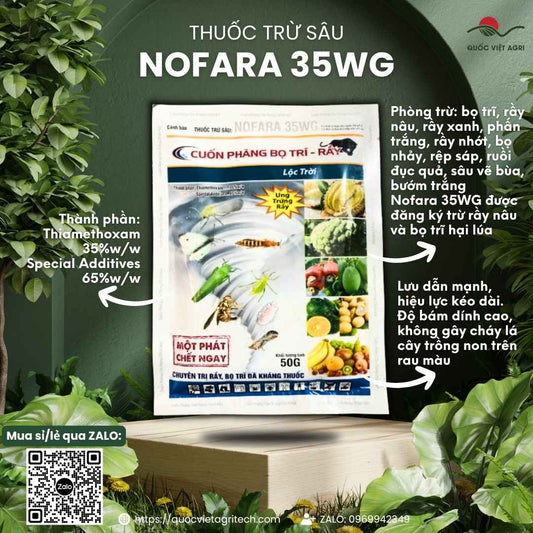 Mặt trước gói thuốc trừ sâu Nofara 35WG 50g, chuyên dùng để đặc trị bọ trĩ, rầy kháng thuốc, sản phẩm chính hãng Lộc Trời.

