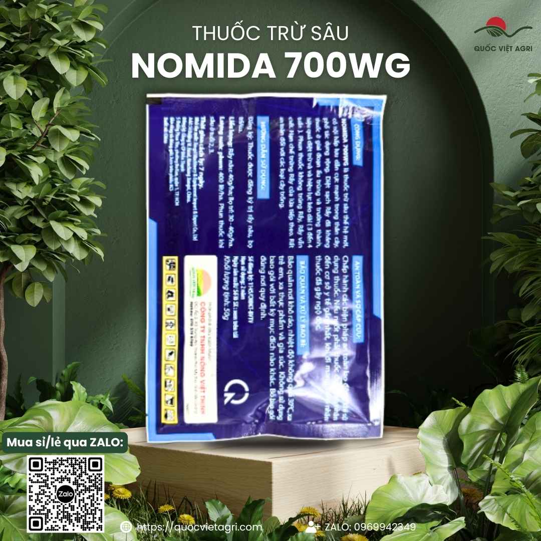 Mặt sau gói thuốc trừ rầy nâu Nomida 700WG với thông tin thành phần hoạt chất Acetamiprid và hướng dẫn sử dụng chi tiết.