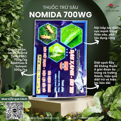 Mặt trước gói thuốc trừ sâu Nomida 700WG 50g, chuyên dùng để đặc trị rầy nâu, bọ trĩ, sản phẩm chính hãng của Quốc Việt Agri.

