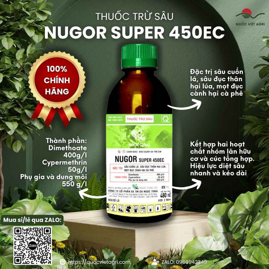 Mặt trước chai thuốc trừ sâu Nugor Super 450EC 480ml, chuyên trị sâu đục thân, rệp sáp, rầy nâu, sản phẩm chính hãng.