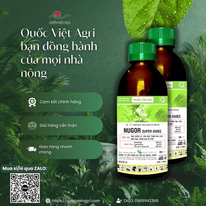 Hình ảnh tổng quan sản phẩm thuốc trừ sâu Nugor Super 450EC, giải pháp lưu dẫn kép diệt sâu ẩn nấp từ Quốc Việt Agri.