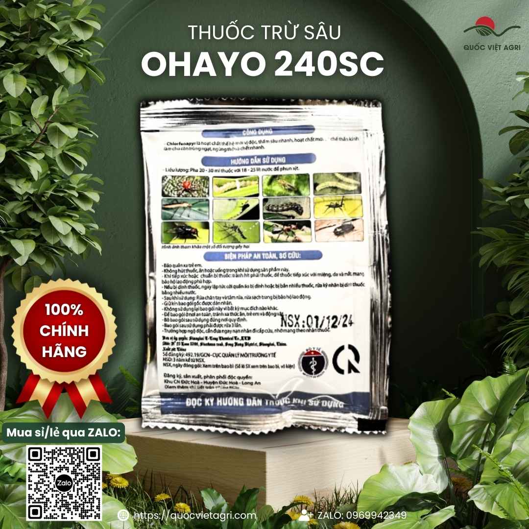 Mặt sau gói thuốc trừ sâu Kosho Ohayo 240SC 20ml với thông tin thành phần hoạt chất Chlorfenapyr và hướng dẫn sử dụng chi tiết.

