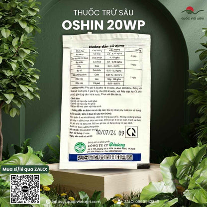 Nhãn thành phần Dinotefuran 20% w/w mặt sau gói Oshin 20WP.