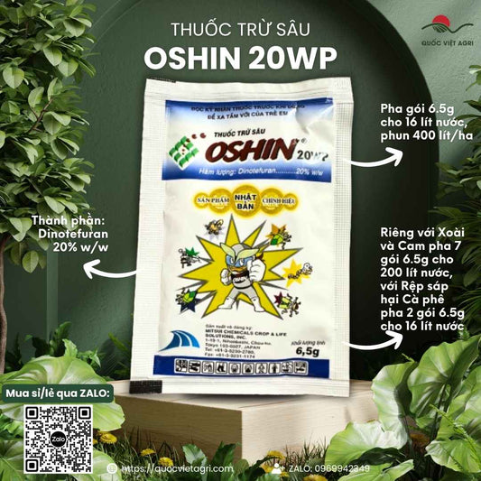 Mặt trước gói thuốc trừ sâu Oshin 20WP 10g, chuyên dùng để đặc trị rầy nâu, bọ trĩ, sản phẩm chính hãng Mitsui Nhật Bản.

