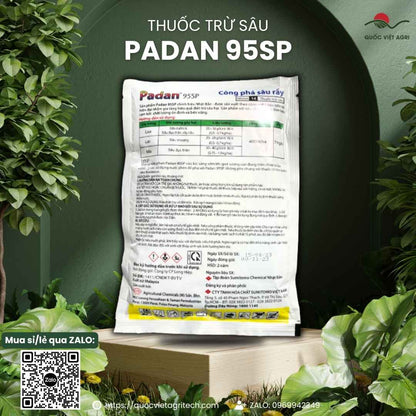 Hoạt chất Cartap Hydrochloride 95% mặt sau gói Padan đặc trị sâu đục thân.