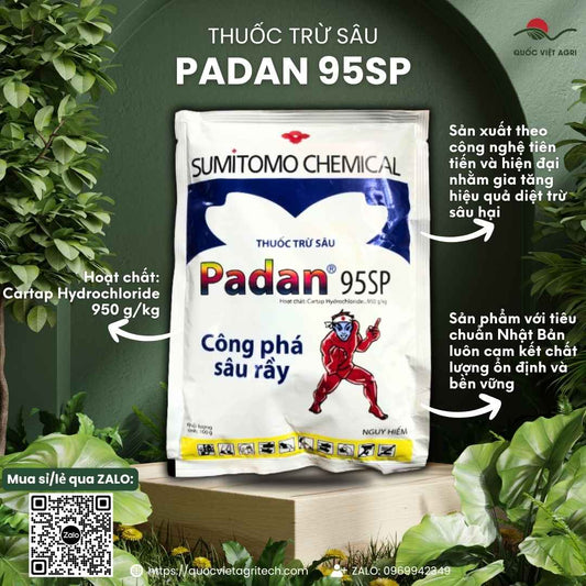 Mặt trước gói thuốc trừ sâu PADAN 95SP 100g, chứa Cartap Hydrochloride 95%, đặc trị sâu cuốn lá, sâu đục thân, rầy nâu.

