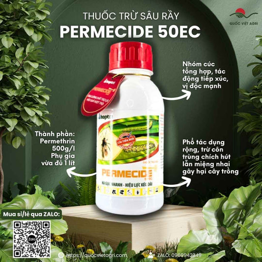 Mặt trước chai thuốc trừ sâu Permecide 50EC 400ml, chuyên dùng để đặc trị bọ xít muỗi, sâu cuốn lá, sản phẩm chính hãng Hợp Trí.

