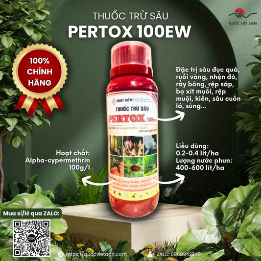 Mặt trước chai thuốc trừ sâu Pertox 100EW 450ml, chuyên dùng để đặc trị sâu đục quả, rệp sáp, sản phẩm chính hãng Ấn Độ.

