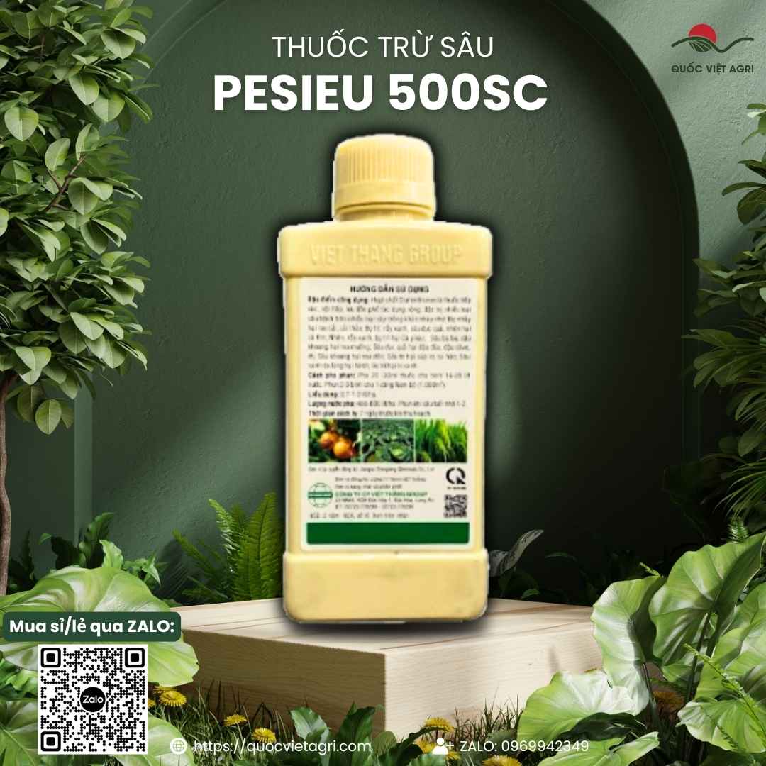 Hoạt chất Diafenthiuron 500g/l mặt sau chai Pesieu dạng sữa mát cây.